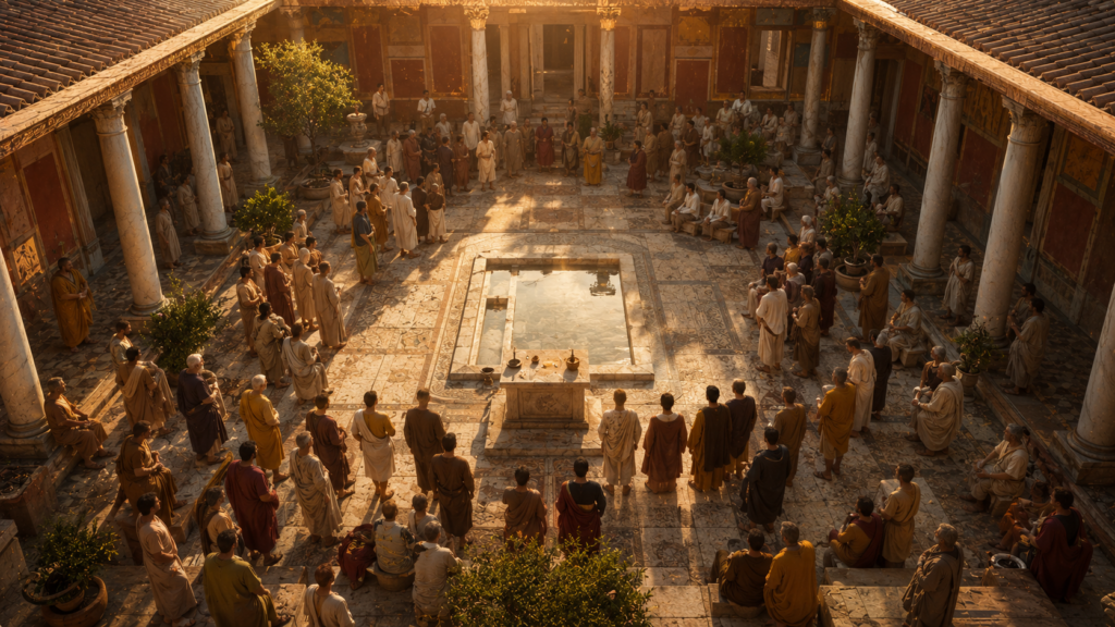 A wide overhead view of a mid-1st century Roman domus atrium and peristyle in Asia Minor with many distant figures in period dress gathered together, evoking a 1st-century house-church and the one body of many gifts in Ephesians 4