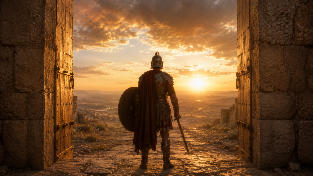 A solitary figure in worn ancient armor standing at the threshold of a great stone gate at dawn, seen from behind with no face, evoking the whole armor of God in Ephesians 6