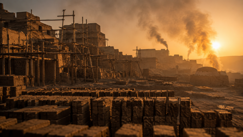 Mudbrick storage cities under construction at golden hour, evoking the slave-labor cities of Pithom and Raamses