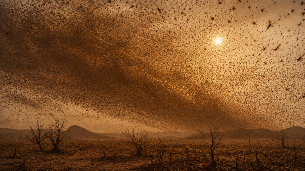 A vast locust swarm darkening the sky over stripped Egyptian fields, evoking the eighth plague that consumed what the hail had left