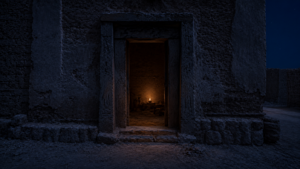 A weathered Egyptian doorway at midnight with a single oil lamp burning inside, evoking the threshold of the firstborn night before the tenth plague falls