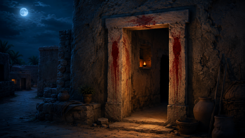 A weathered Egyptian doorway at midnight with a streak of blood on the lintel and doorposts and a single oil lamp burning inside, evoking the Passover night in Exodus 12