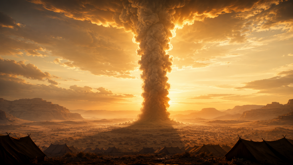 A tall pillar of cloud rising vertically over a desert encampment at golden hour with low tents in silhouette below, evoking the pillar of cloud guiding Israel in Exodus 13