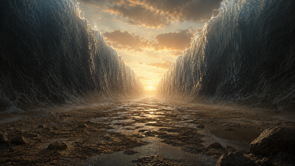 A wide dry seabed cut between two towering walls of dark water at dawn, evoking the corridor through the Red Sea in Exodus 14