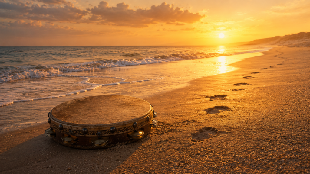 A tambourine on a sandy shore at sunrise with the edge of the sea behind it and footprints in the wet sand, evoking Miriam's victory song in Exodus 15