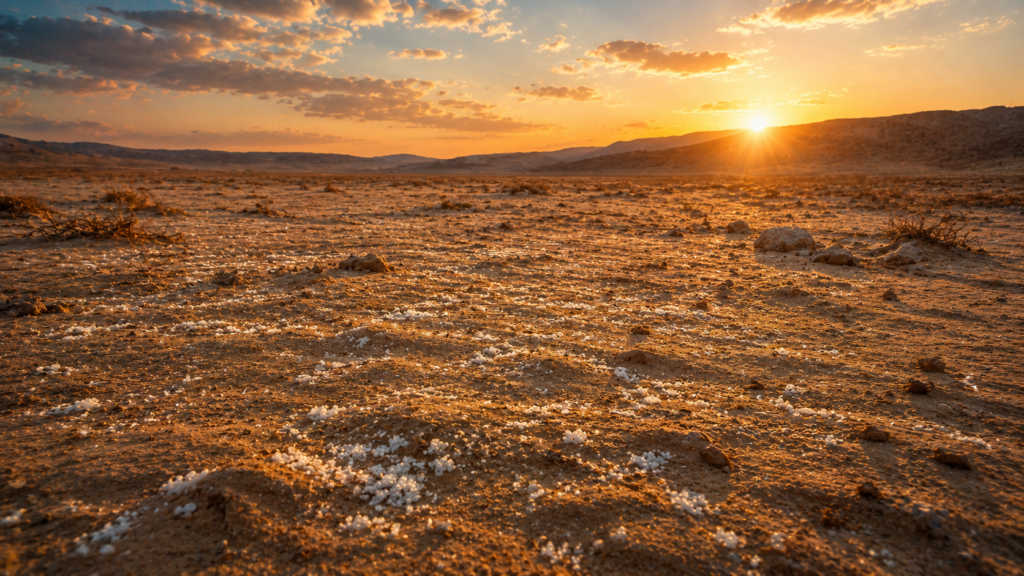 A stretch of sandy desert ground at first light with small round white grains of manna scattered across the surface, evoking the daily manna in Exodus 16