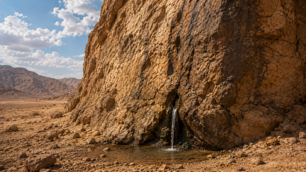 A weathered desert rock face with a thin stream of water flowing from a crack at its base, evoking the water from the rock at Horeb in Exodus 17