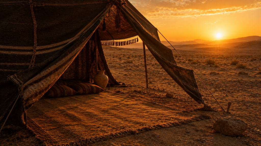 A Bedouin-style desert tent at golden hour with an empty hospitality mat and clay water-jar visible through the open entrance, evoking Jethro's arrival in Exodus 18