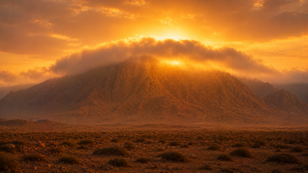 A tall mountain ridge at dawn shrouded in a thick low cloud with the sun rising behind to backlight the cloud, evoking Sinai under the chuppah-cloud in Exodus 19