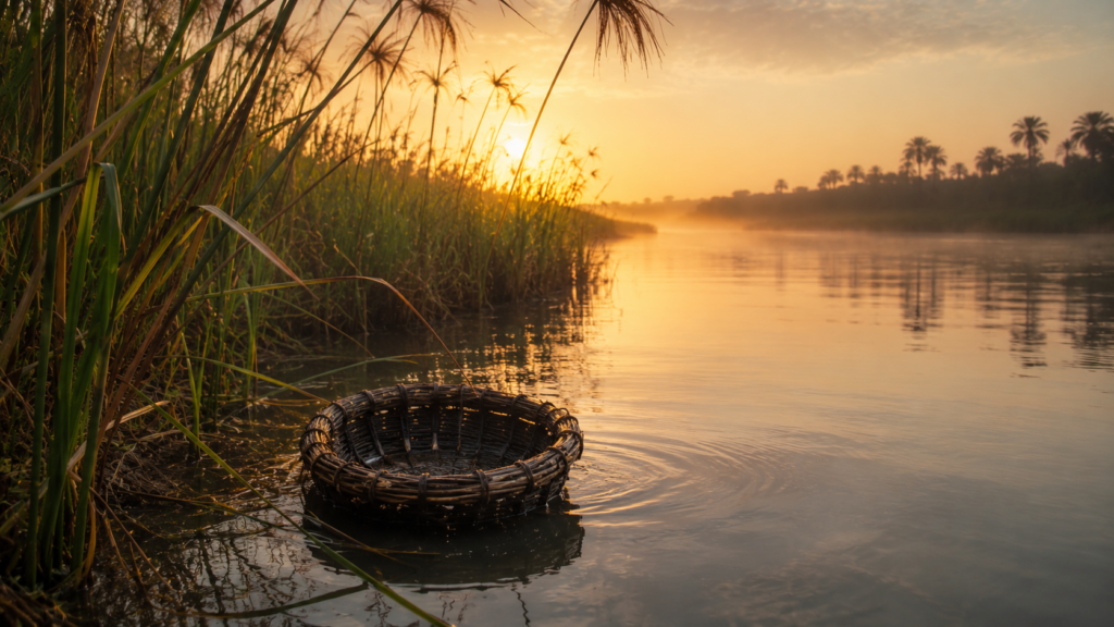 A pitch-coated papyrus basket among reeds at the river's bank at dawn, evoking the tevah in which Moses's mother set him on the Nile