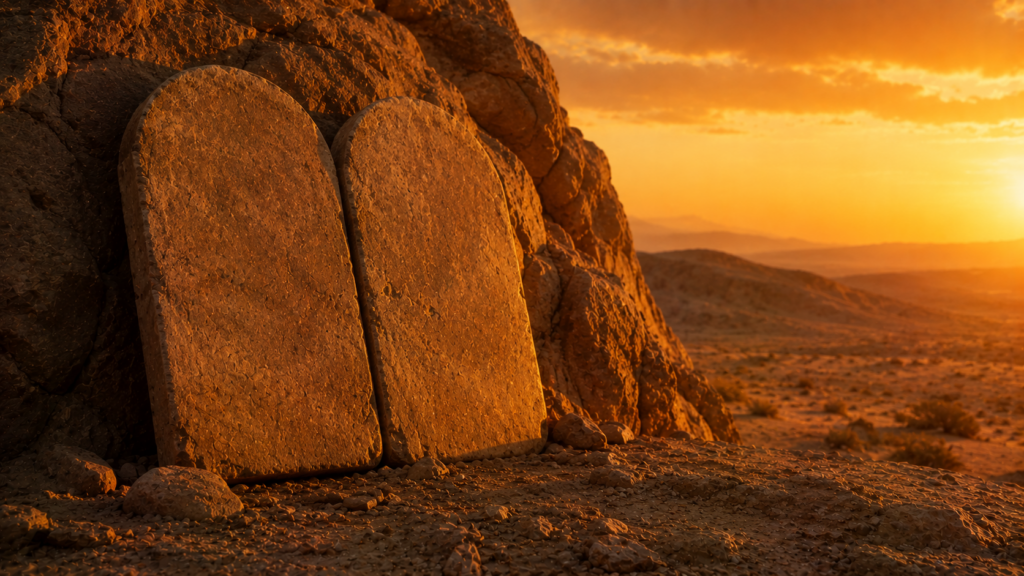 Two large weathered stone tablets resting upright against a rock face at golden hour, evoking the two duplicate tablets of the covenant in Exodus 20