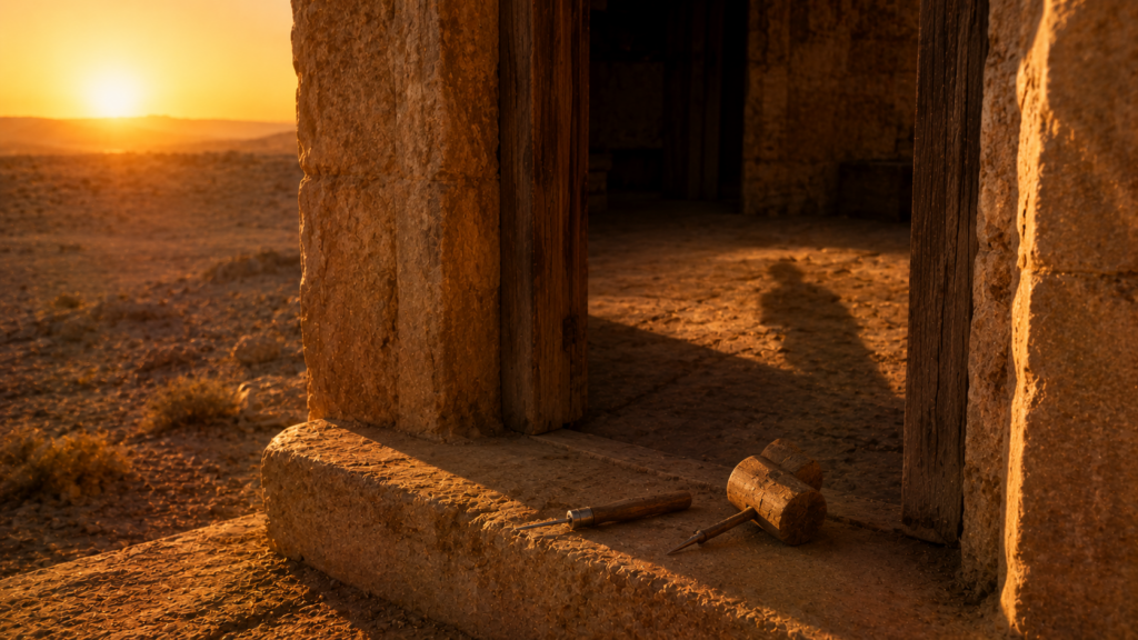 An ancient stone doorway at golden hour with an awl and a small wooden mallet on its threshold and a faint human shadow on the floor, evoking the slave-who-chooses-to-stay ritual of Exodus 21