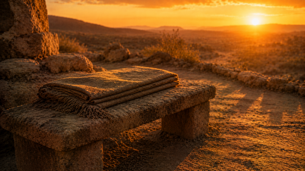 A worn woolen cloak folded on a low stone bench at sunset with long shadows in the dust, evoking the chapter's protection of the poor man's garment in Exodus 22