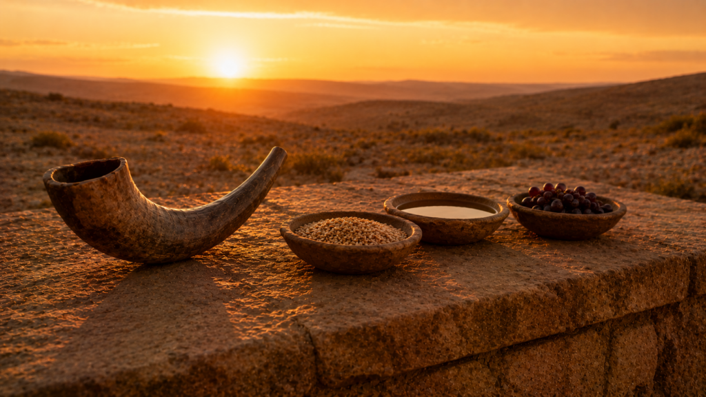 A shofar beside three small bowls of grain, oil, and grapes on a low stone altar at golden hour, evoking the three pilgrim festivals of Exodus 23