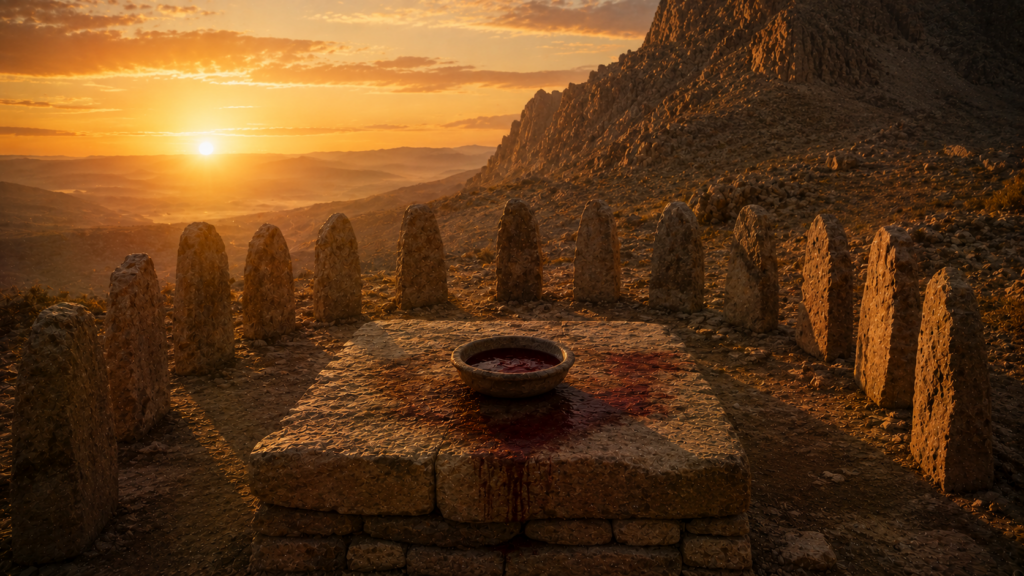 An ancient stone altar at the base of a mountain at dawn with twelve standing stones arranged around it and a basin of blood on the altar, evoking the covenant ratification in Exodus 24