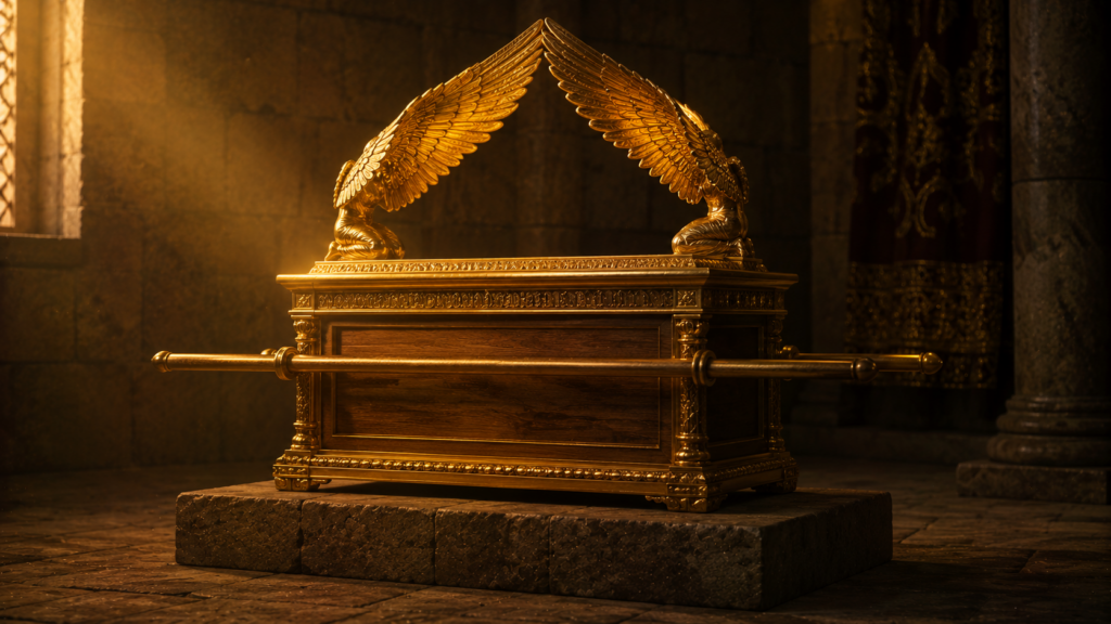 An ornate gold-overlaid wooden chest with two cherubim rising from its cover, their wings meeting upward, in a dim sanctuary chamber at golden hour, evoking the ark of the covenant in Exodus 25