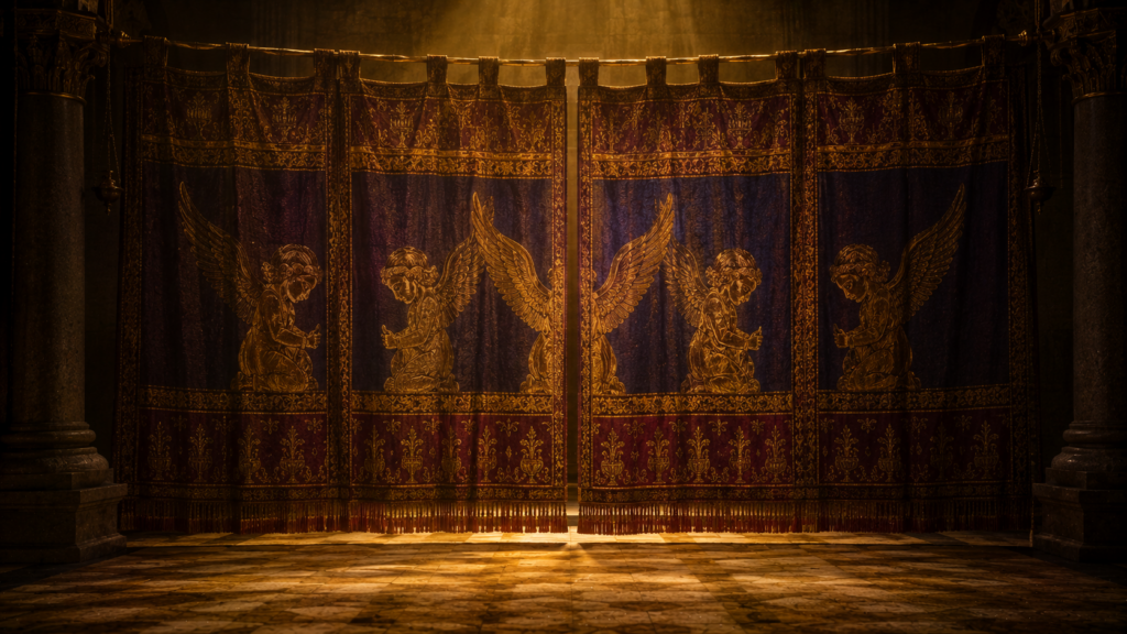 A heavy embroidered curtain woven in blue purple and scarlet with cherubim patterns hanging across a dim sanctuary interior at golden hour, evoking the parochet in Exodus 26