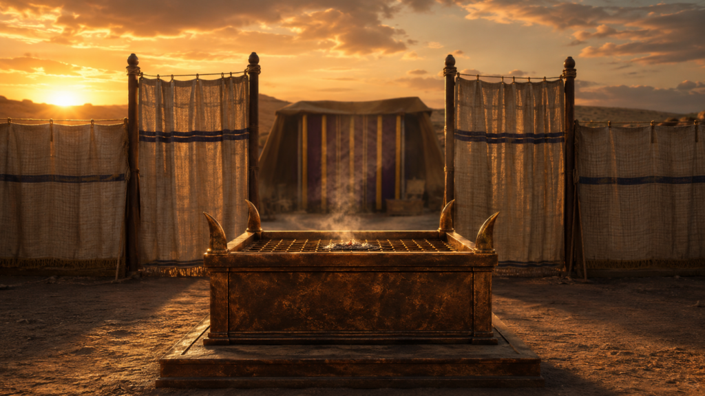 A bronze sacrificial altar with four horns at the eastern gate of a linen-curtained courtyard at golden hour, evoking the bronze altar of Exodus 27