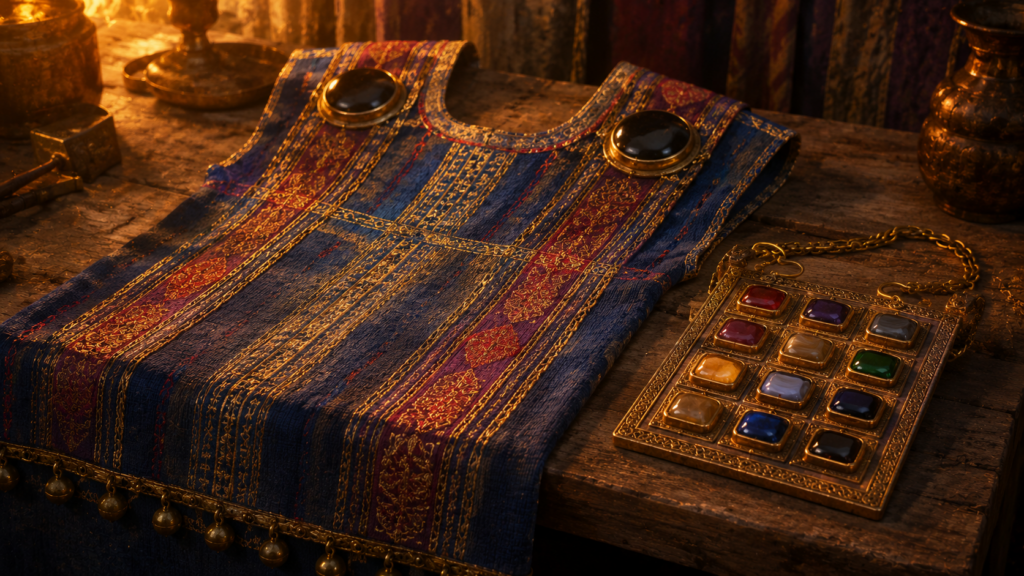 An elaborate priestly ephod with shoulder stones and a square twelve-stone breastpiece laid on a workbench at golden hour, evoking the priestly vestments of Exodus 28