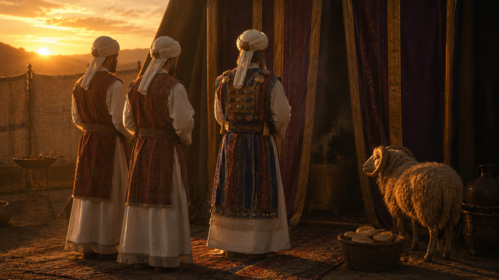 Three priestly figures at the door of the tabernacle at dawn with anointing oil and a ram of consecration beside a basket of bread, evoking the seven-day ordination of Exodus 29