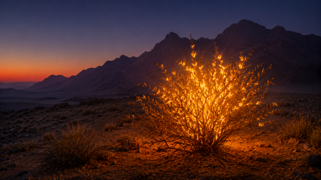 A thorny desert bush in flame at dusk against a mountain ridge, illustrating the burning bush of Exodus 3 at Mount Horeb