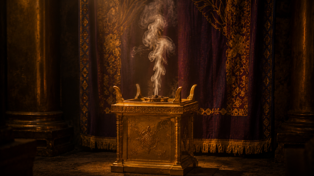 A small gold altar of incense with four horns and rising fragrant smoke set before a heavy veil in a dim sanctuary interior, evoking the altar of incense in Exodus 30