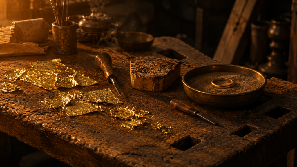 An artisan's workbench at golden hour with hammered gold leaf, an engraving tool, acacia wood, and a bronze ring, evoking Bezalel's Spirit-filled craft in Exodus 31