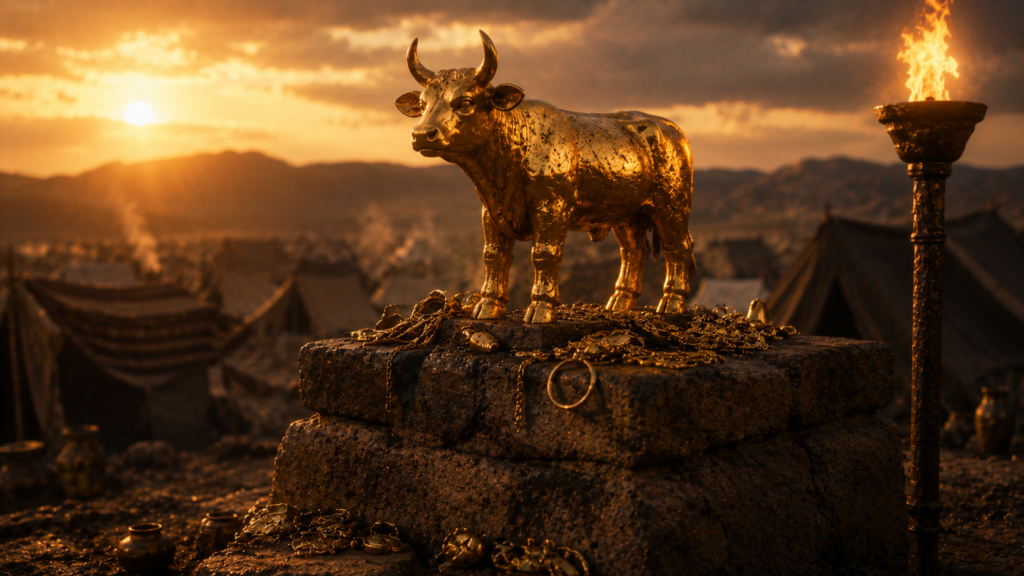 A small molten gold bull-calf on a stone pedestal at golden hour with scattered jewelry at its base, evoking the golden calf of Exodus 32