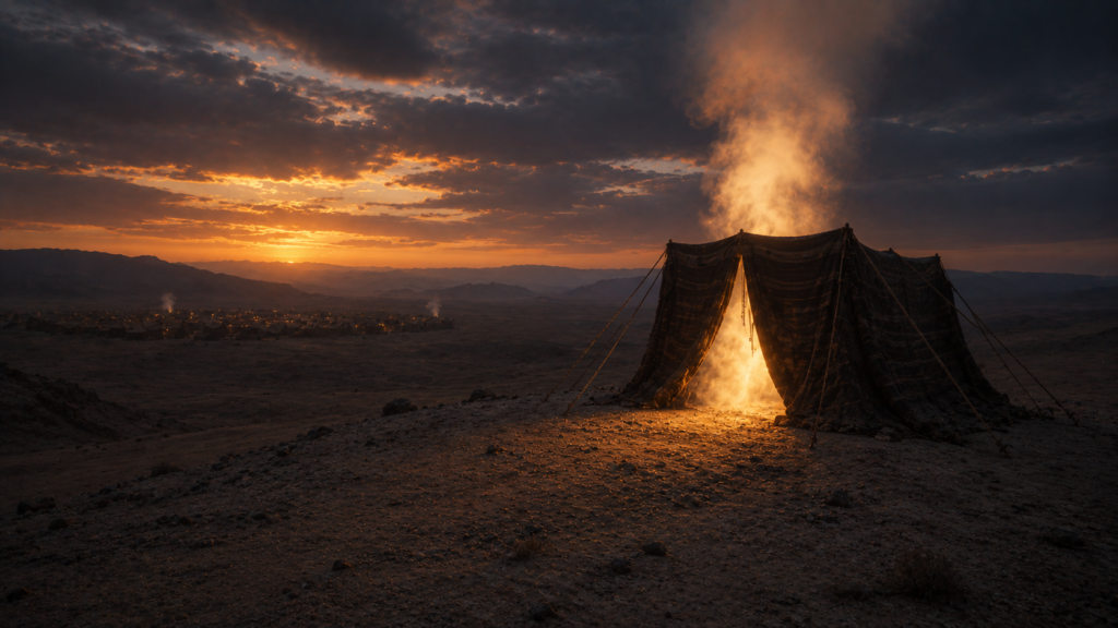 A small dark goat-hair tent pitched alone on a rise at dusk with a luminous cloud at the door and a large camp in the distance, evoking the tent of meeting outside the camp in Exodus 33