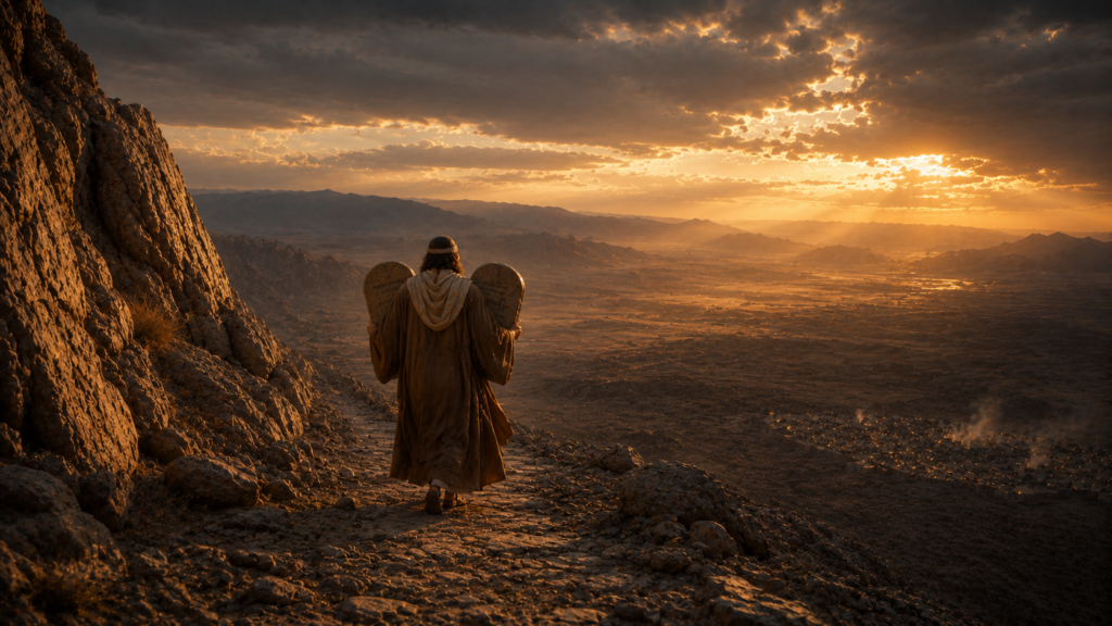 A mediator figure descending a stone path of Sinai carrying two large stone tablets under cloud-light at golden hour, evoking Moses bringing down the second tablets in Exodus 34