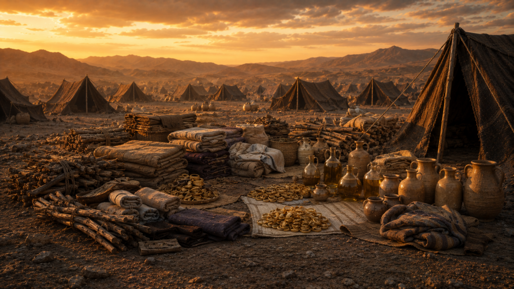 A wilderness encampment at golden hour with stacks of woven cloth, acacia wood, oil jars, and gold rings accumulating in an open central area, evoking the freewill offering of Exodus 35