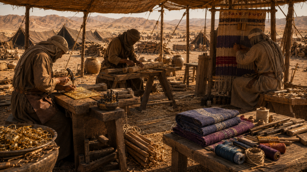 A wilderness workshop at midday with several artisans hammering gold, cutting acacia, and weaving cloth on parallel projects, evoking the construction of Exodus 36