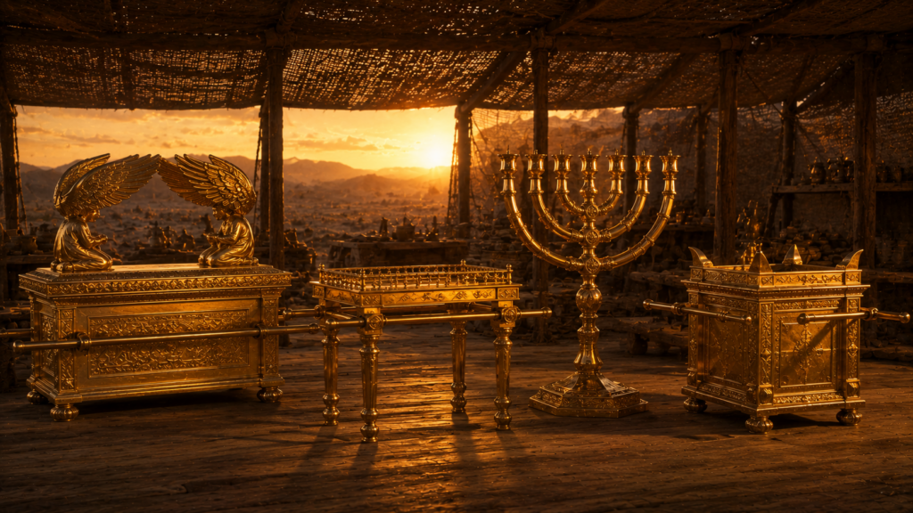 A workshop at golden hour with the gold-overlaid ark with cherubim, the table, the seven-branched lampstand, and the altar of incense arranged in a row, evoking the inner-sanctuary furniture built by Bezalel in Exodus 37