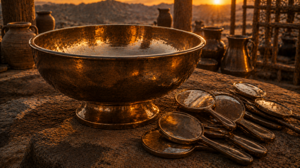 A large polished bronze basin on a bronze foot at golden hour with several small hand mirrors stacked beside it as raw material, evoking the bronze basin of Exodus 38:8 made from the mirrors of the serving women