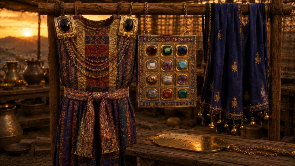 A finished priestly ephod with shoulder stones, twelve-stone breastpiece, blue robe with bells and pomegranates, and a small gold plate displayed at golden hour, evoking the completed priestly garments of Exodus 39