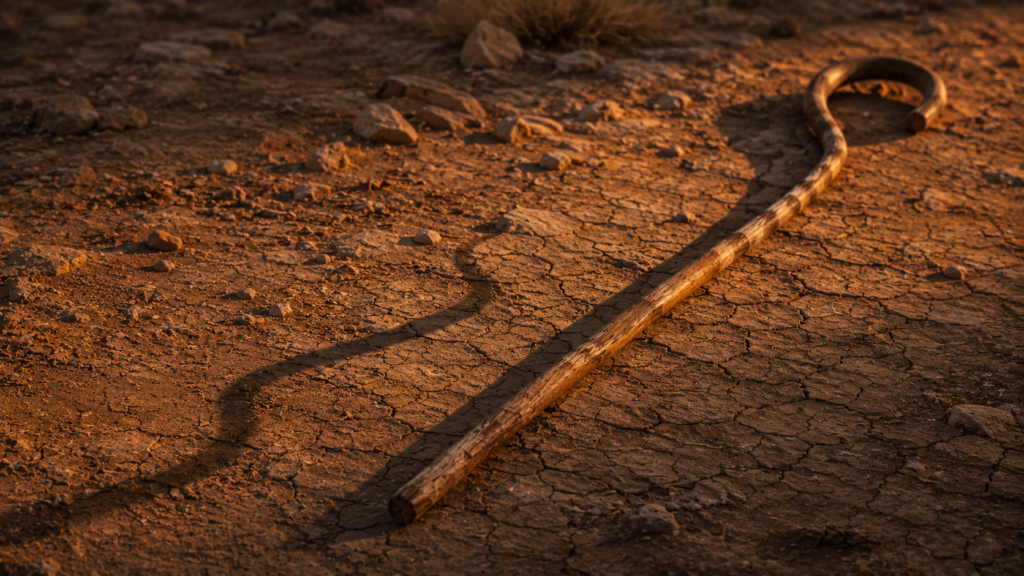A shepherd's wooden staff lying on cracked desert ground at golden hour with a serpentine shadow trailing from it, evoking Moses's staff and its sign at the burning bush