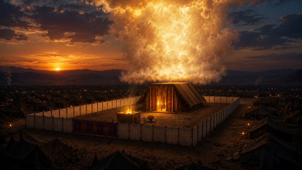 A finished tabernacle in a wilderness encampment at dusk with a luminous cloud descending from the sky to cover the tent and warm light glowing from within, evoking the cloud and glory filling the tabernacle in Exodus 40:34