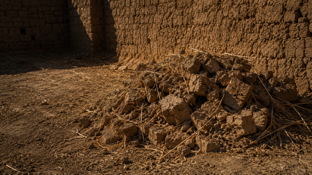 Crumbling mudbricks made with stubble in the shadow of a mudbrick wall, evoking the impossible brick quota Pharaoh imposed