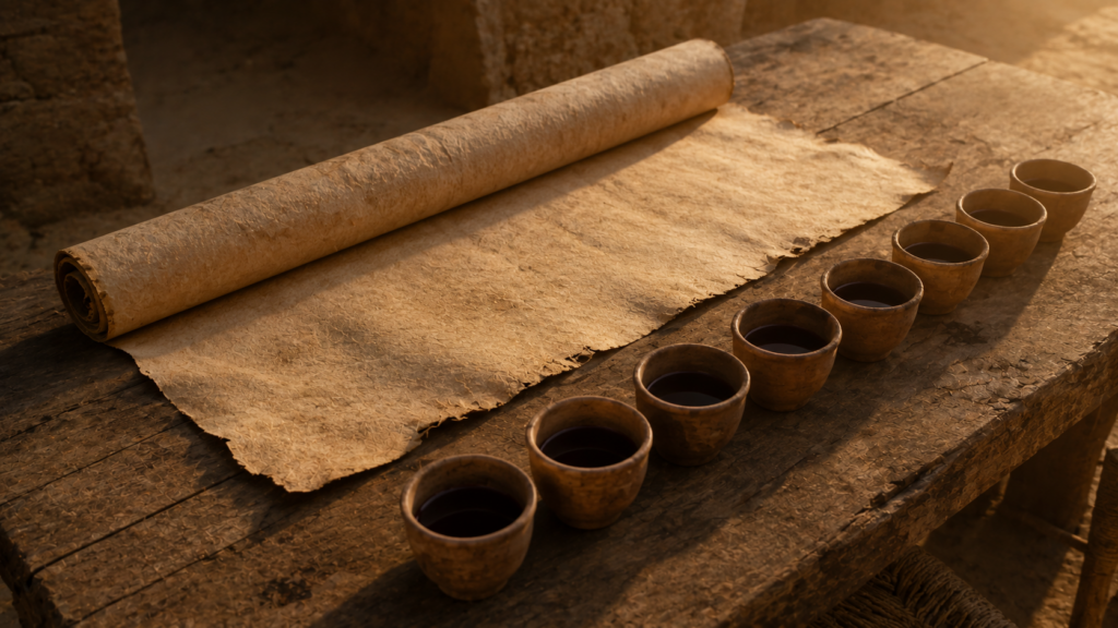 Seven small earthenware wine cups beside an unrolled scroll at golden hour, evoking the seven I-will statements of Exodus 6 that anchor the Passover seder