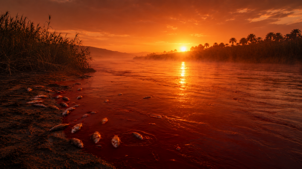 An ancient river flowing red-brown at dawn with dead fish at its bank, evoking the first plague when YHWH turned the Nile to blood