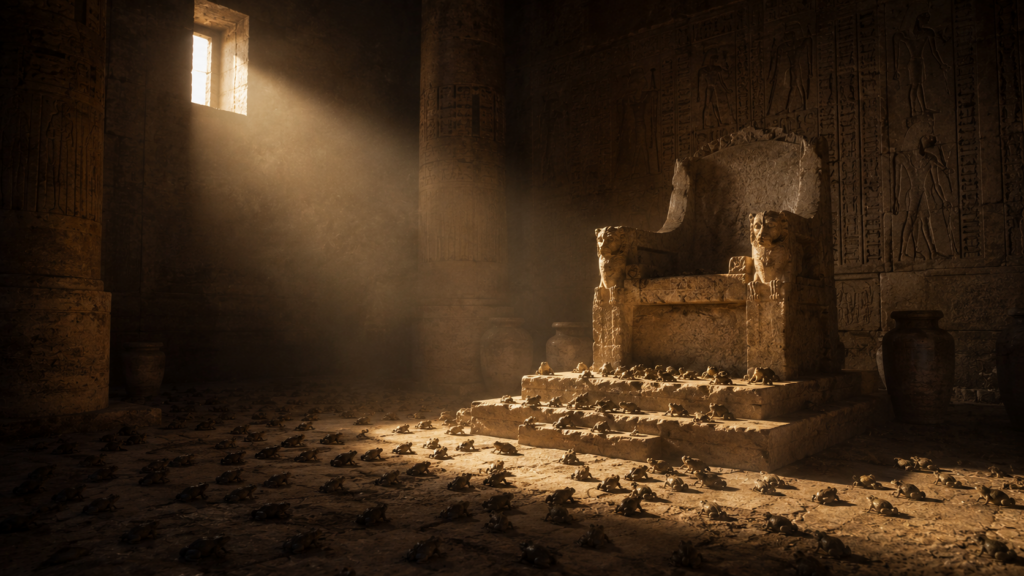 Frog silhouettes scattered across the stone floor of an Egyptian throne room at twilight, evoking the second plague's invasion of Pharaoh's most private spaces
