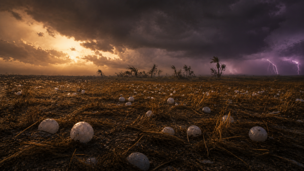 Hailstones embedded in stubble fields with broken trees and distant lightning, evoking the seventh plague's destruction of Egyptian agriculture