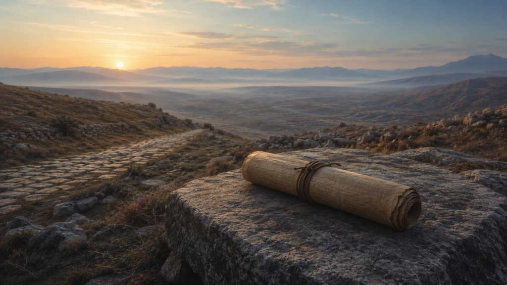 A rolled letter-scroll on a flat stone at the edge of a highland road at first light with bare Anatolian hills behind, evoking Paul's gospel carried to Galatia
