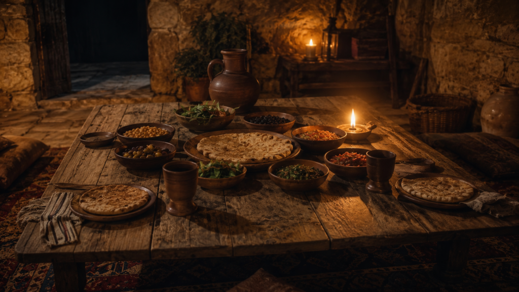 A low ancient table set with clay bowls, flatbread, and two cups in warm lamplight in a stone room, evoking the shared Jew-and-gentile table at Antioch