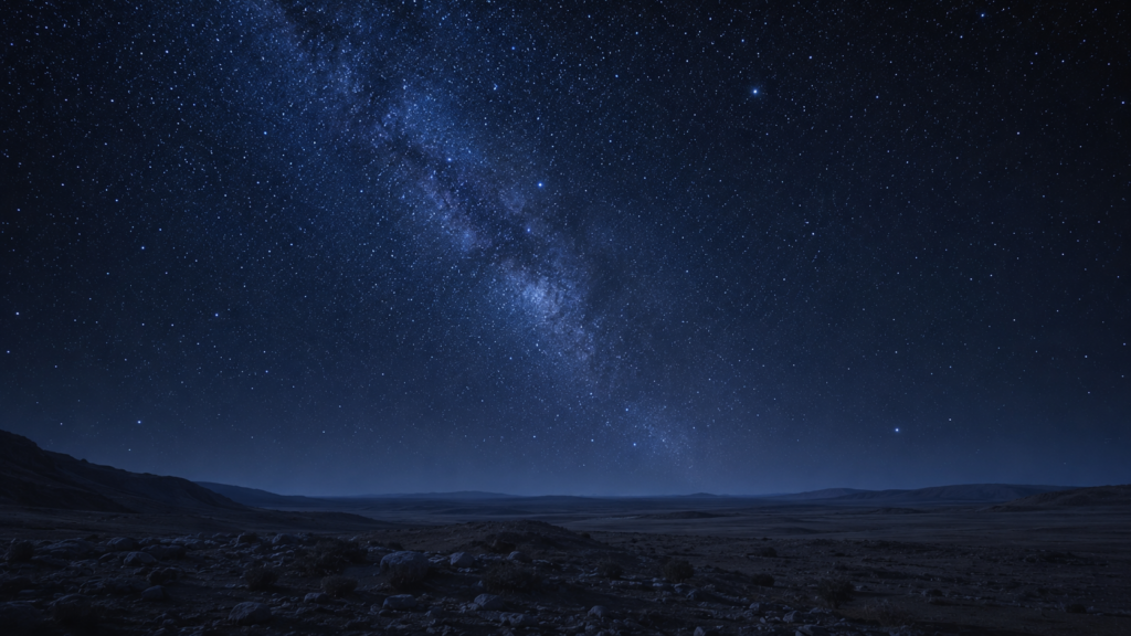 A vast star-filled night sky over a dark empty desert plain, evoking God's promise to Abraham and the faith reckoned to him as righteousness