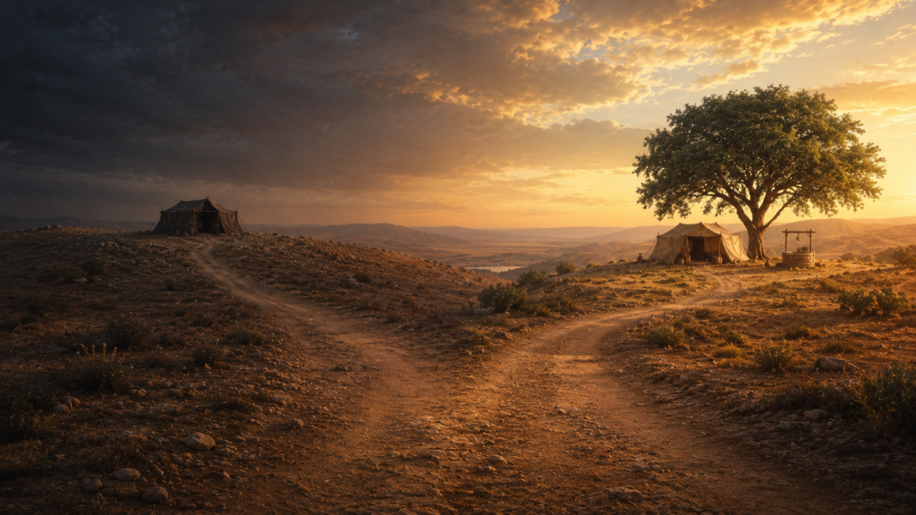 A desert with two diverging paths, one to a dark barren tent and one to a sunlit tent beside a flourishing tree and well, evoking the two covenants of Hagar and Sarah