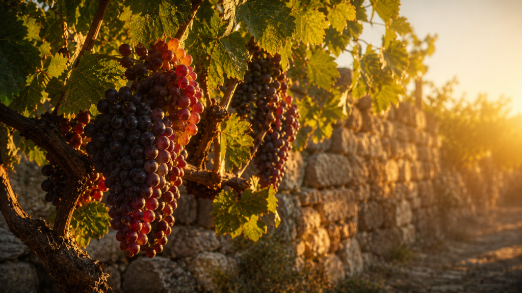 A heavily laden grapevine with ripe clusters at golden hour against a soft-focus old stone wall, evoking the fruit of the Spirit in Galatians 5