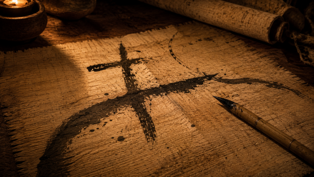 An ancient reed pen on papyrus bearing a few bold oversized abstract ink strokes in warm lamplight, evoking Paul's large-lettered handwritten closing in Galatians 6