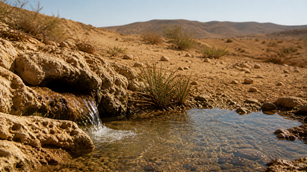 A small spring of clear water in a Negev desert landscape, illustrating Beer Lahai Roi where Hagar named God in Genesis 16