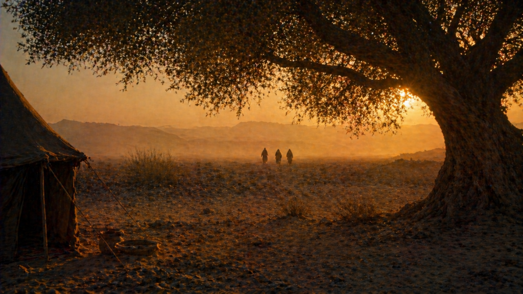 Three travelers approaching a bedouin tent under a tree at midday, evoking the visitation at Mamre in Genesis 18